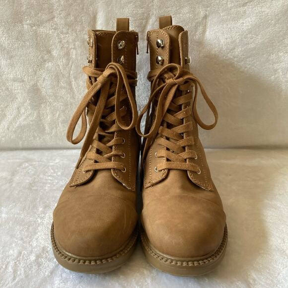 Tan Lace-Up Ankle Combat Boots With Faux Sherpa Size 8 - Picture 1 of 11